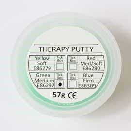 Translucent circular pot of green therapy putty, against a white background.