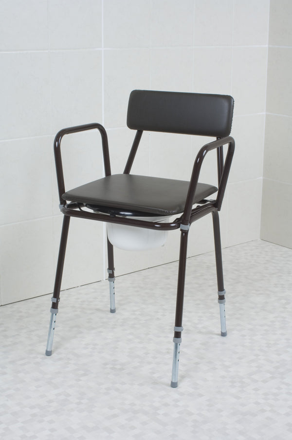 Brown  commode against white background, showing cushioning on the seat and the adjustable legs.
