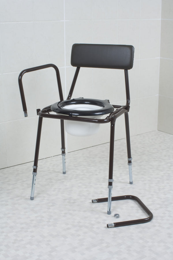 Brown  commode against white background, demonstrating detachable arms. 