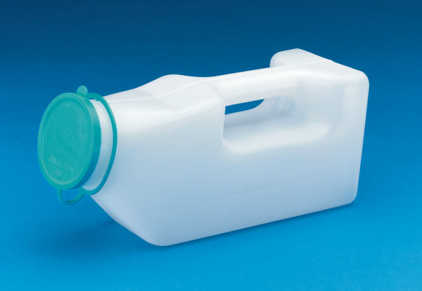 This image is of the white urinal bottle, with built in handle. There is a bright green removable lid, with a ring attached to the bottle to prevent it being misplaced.