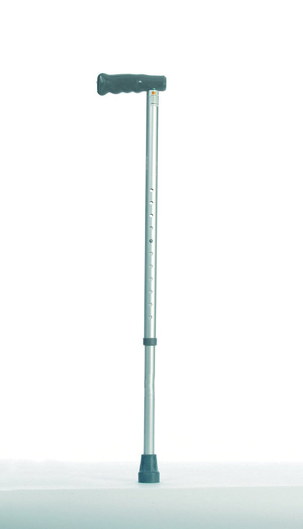 Image shows one grey and silver height adjustable walking stick against a white background. 