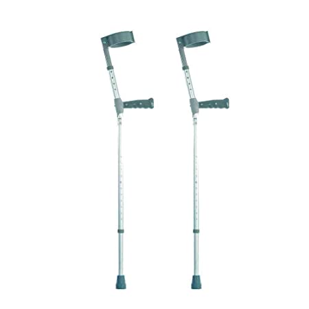 Image shows two grey and silver height adjustable crutches against a white background. 