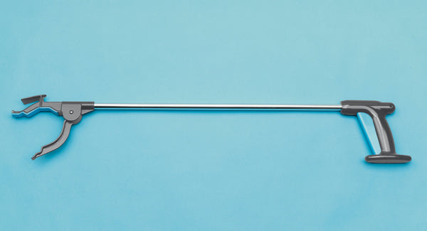 Grey combi-reacher with blue grips, against blue background. 