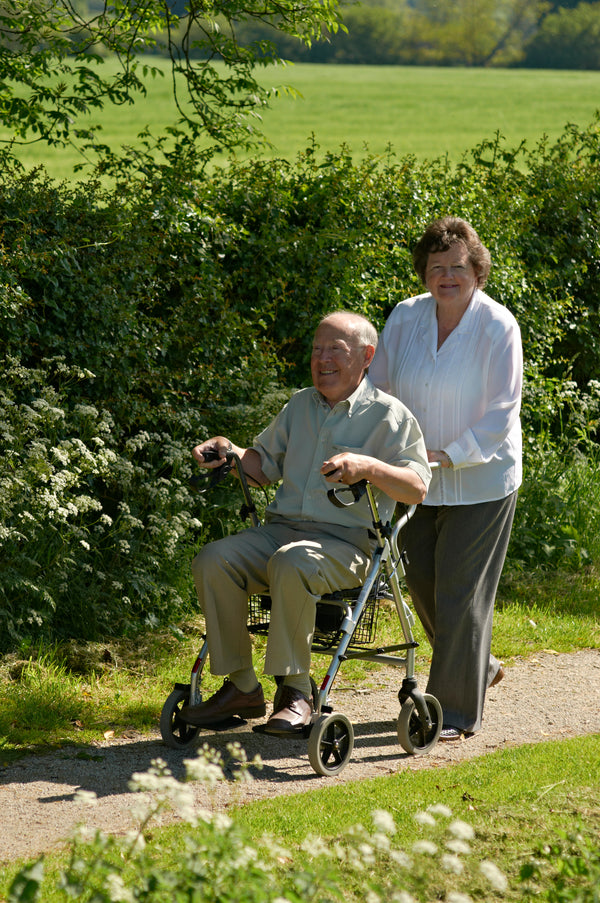 Image shows an individual being pushed along a path in the rollator, with fields and hedges behind them.