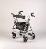 Image shows a grey and black rollator with feet rest, seat and back support. There is a black storage bag under the seat, and a seat belt to ensure safety of user when the product is used as a transit chair. 