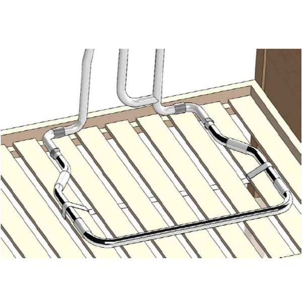 This is a colour diagram of the bed rail fit onto cream bed slats using the straps. 