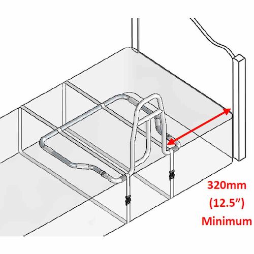 This is a diagram of the product fit on a bed frame in black and white, showing that the product is at least 320mm/ 12.5 inches from the headboard of the bed. This also demonstrates that there are straps that co around the full mattress to ensure the product is secure. 