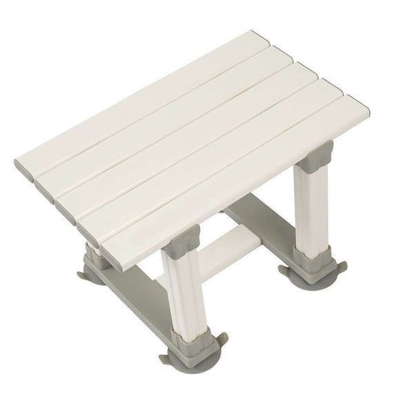 This image shows the white slatted bath seat, and white and grey frame, against a  white background. 