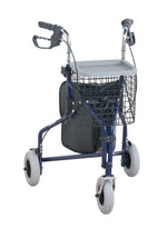 Image shows a three wheeled blue and grey rollator with bag and basket.