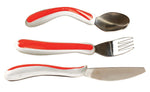 Image shows cutlery with red and white handles and silver top of the spoon, fork, and knife. 