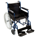 Image shows a wheelchair with white back wheels and smaller grey and black front wheels. There is a black seat and footprints, and a blue frame, demonstrated against a white background.