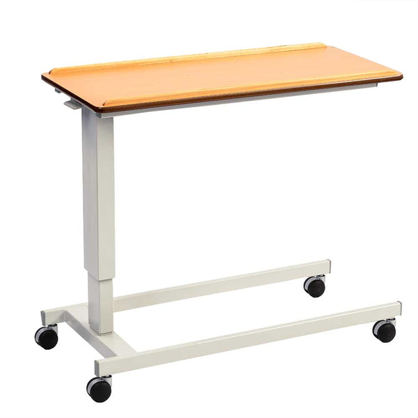 Image shows a brown table with wheeled grey frame on a white background. The table top has ridged long edges to prevent items from falling off. The white frame has four black wheels. 