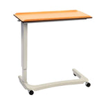 Image shows a brown table with wheeled grey frame on a white background. The grey frame is connected to the desk on one side so it can be used in bed or over a chair, and the table top has ridged edges to keep items in place.