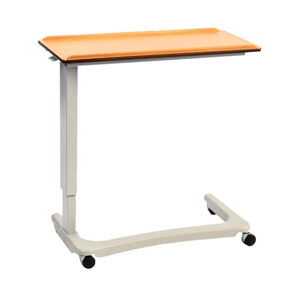 Image shows a brown table with wheeled grey frame on a white background. The grey frame is connected to the desk on one side so it can be used in bed or over a chair, and the table top has ridged edges to keep items in place.