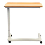 This photo shows the product straight on, against a white background, showing the four black wheels attached to the white frame, and the raised edges of the wooden desk top. 