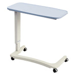 Image shows a pale blue desk on a wheeled white frame, against a white background.  