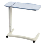 This image shows the blue over bed table without the top tilted, to demonstrate the product when flat. The pale blue table is connected to one cream leg that attaches to a wheel frame with four black wheels. 