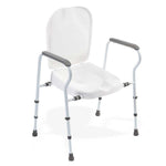 This image shows the white toilet frame and seat against a white background. The product has a white lid, and grey arm rests. The image also shows grey fixtures on the frame whenre the width can be adjusted, and grey grips on the feet. 