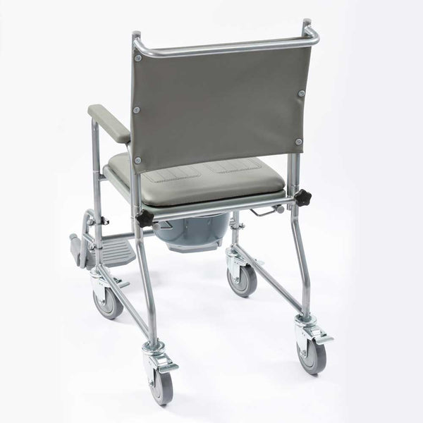 This image shows the reverse of the grey commode, showing the strong back support and the bar across the back of the seat to make relocation of the product easy. Against a white background. 