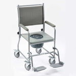 Image shows the grey commode against white background, demonstrating padded arm rests and wheels with breaks. 