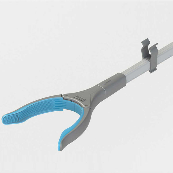 Image shows the grey grab end of the Combi Grabber, with blue grip pads, against a white background. 