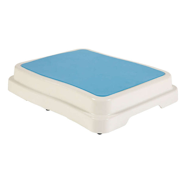 This image shows the white bathroom step, with blue grip surface, against a white background.
