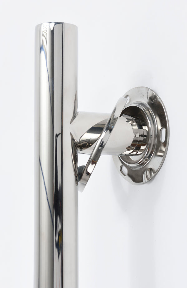 This image is a close up of one of the wall fixtures of the stainless steel grab bar, against a white background.