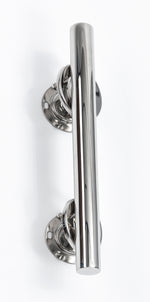 This image shows the straight stainless steel grab rail, attached via its two fixtures, to a white wall.