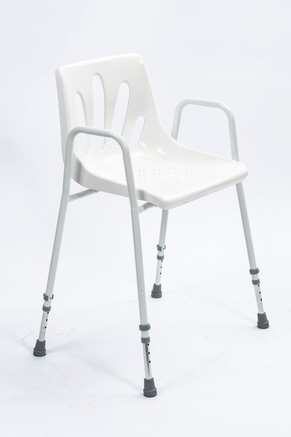 Image shows the white seat and framed shower chair, against a white background. Demonstrates the height adjustment points. 