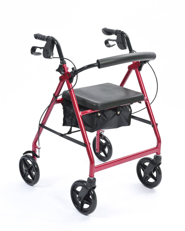 Image shows a red and black 4 wheeled rollator. There is storage covered by a padded seat with a padded bar for back support so the rollator can double up as a chair. 