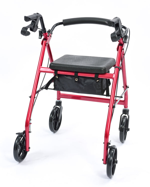This image shows the red rollator with black handles and wheels, against a plain white background.