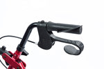 This image shows the side view of the black handle and break of the red rollator model. 