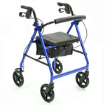 Image shows a blue and black 4 wheeled rollator. There is storage covered by a padded seat with a padded bar for back support so the rollator can double up as a chair.