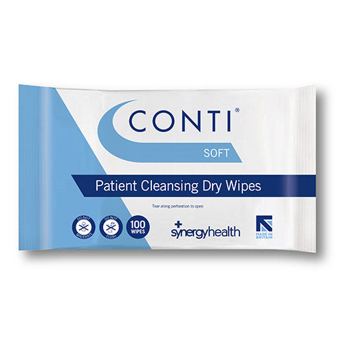 Image of a white packet of Conti Soft Patient Cleansing Dry Wipes, with accents in different shades of blue. Packet is against a white background. 