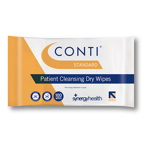 Image is of a white packet of Conti Standard Patient Cleansing Dry Wipes, with orange and dark blue accents. 